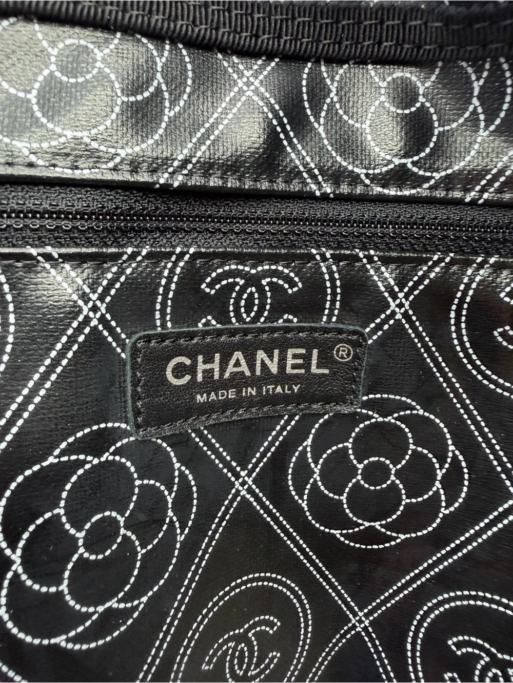 Chanel Coated Canvas Camellia Medium Shopping Tote Black Beige